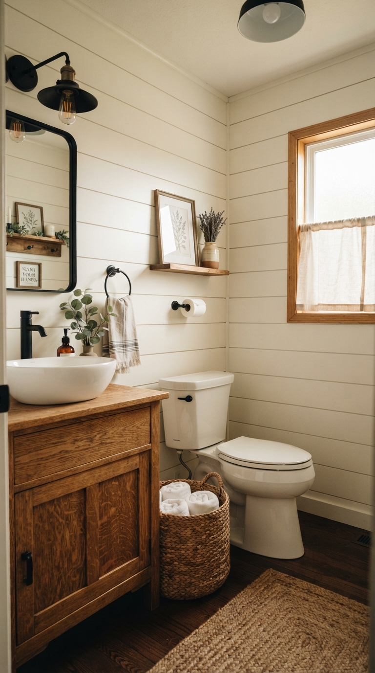 Farmhouse style half bathroom with shiplap and black hardware
