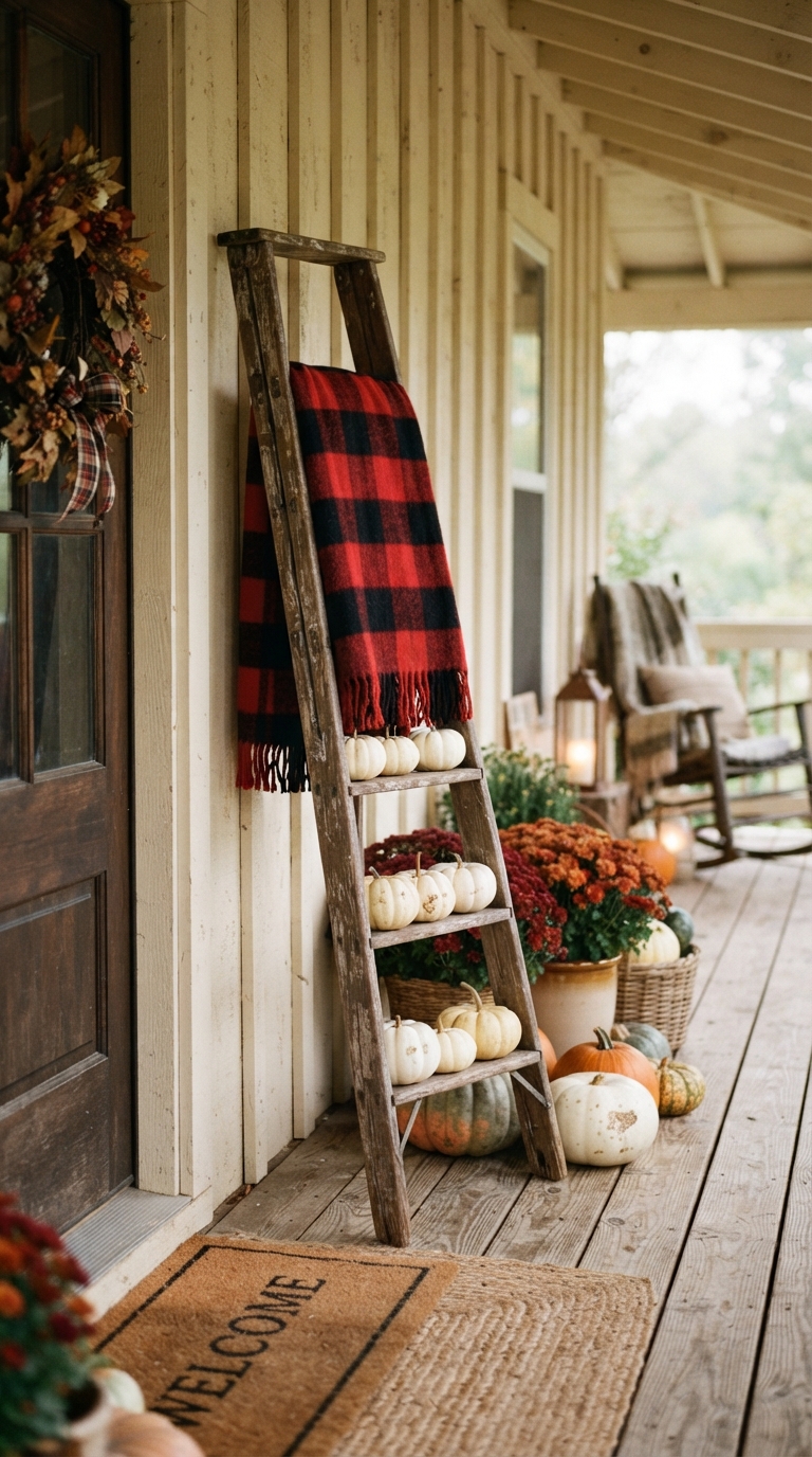 Wooden ladder decorated with a plaid blanket and mini pumpkins for farmhouse fall porch decor