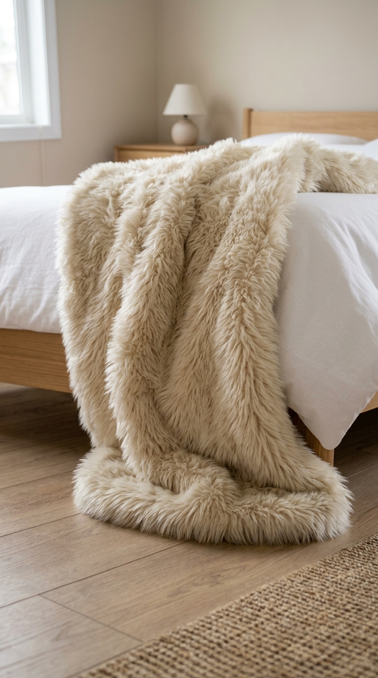 Faux fur throw layered on a cozy fall bedroom bed