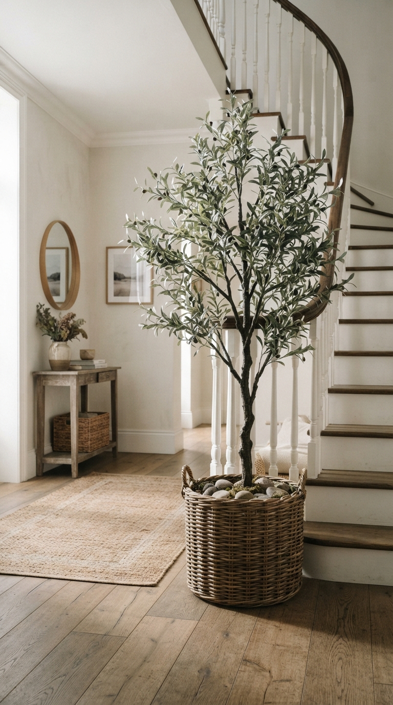 Faux olive tree in a woven basket styled at the base of a staircase