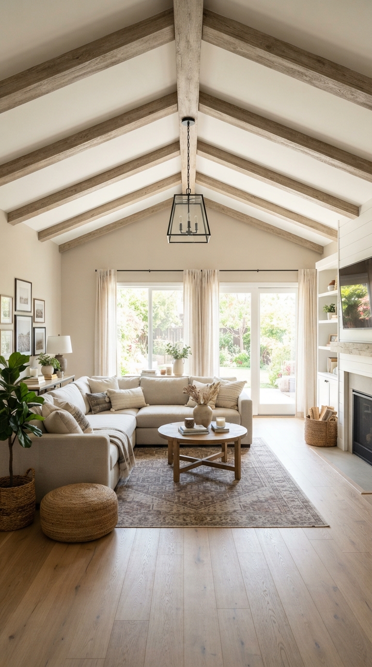 Collage of faux wood beams on a budget-friendly vaulted ceiling