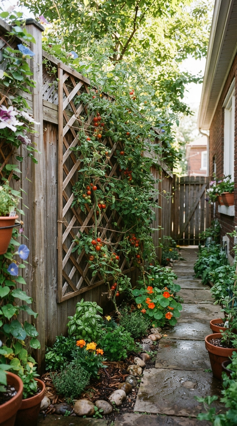 Lattice panel trellis mounted on a fence with tomato vines growing