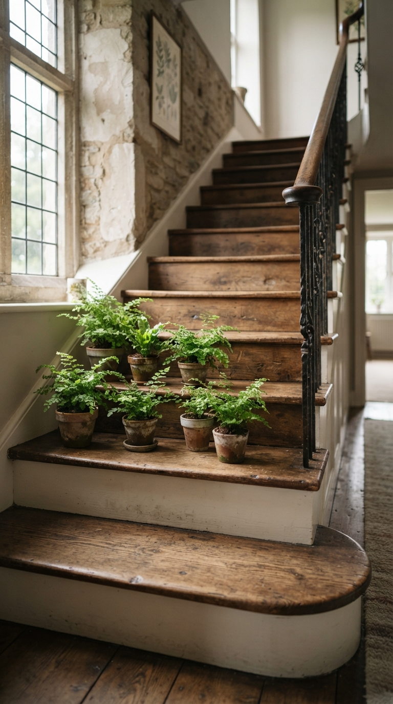 Small potted ferns styled on a staircase step