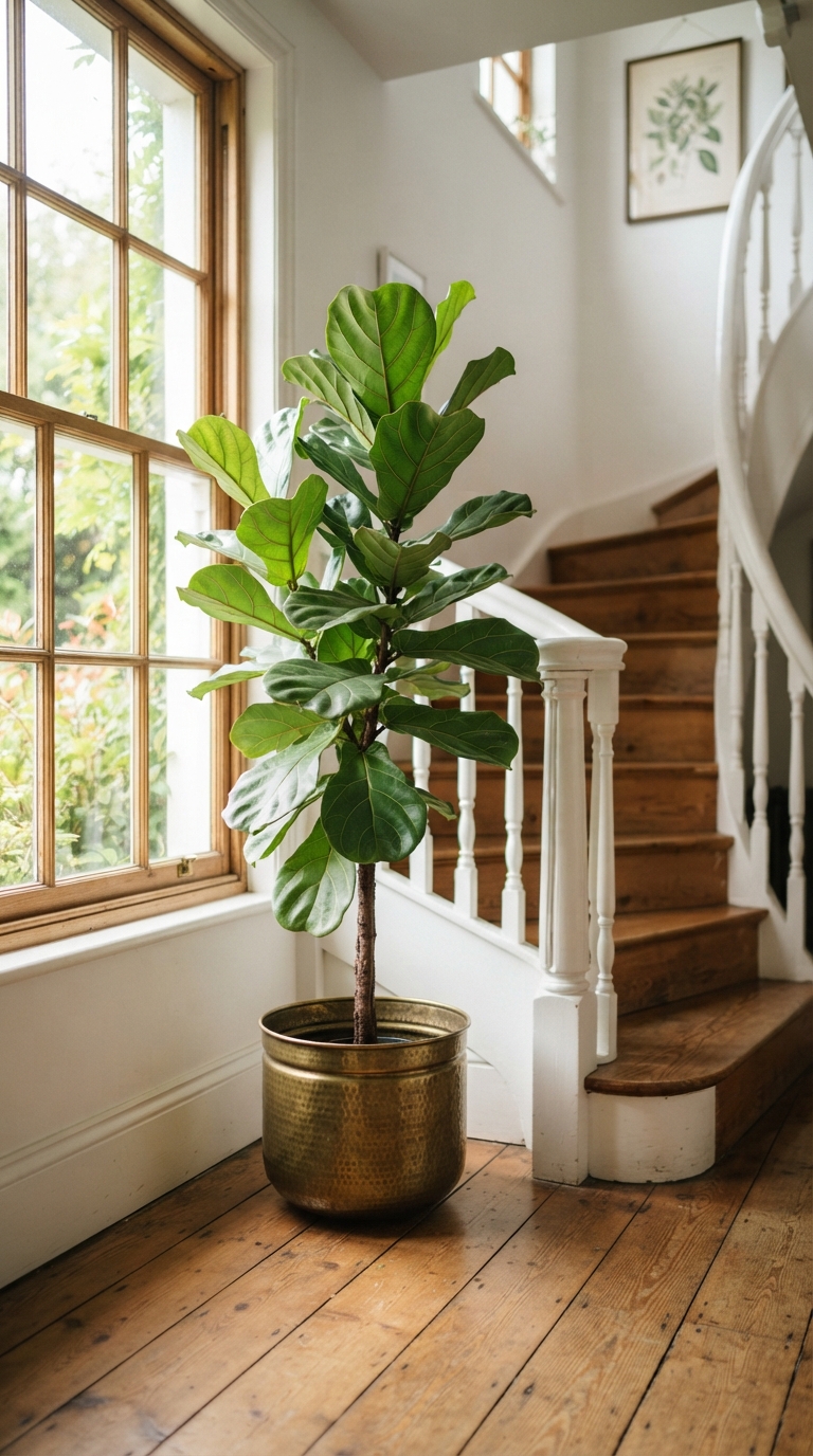 Fiddle leaf fig plant styled on a staircase landing for an elegant indoor decor look.