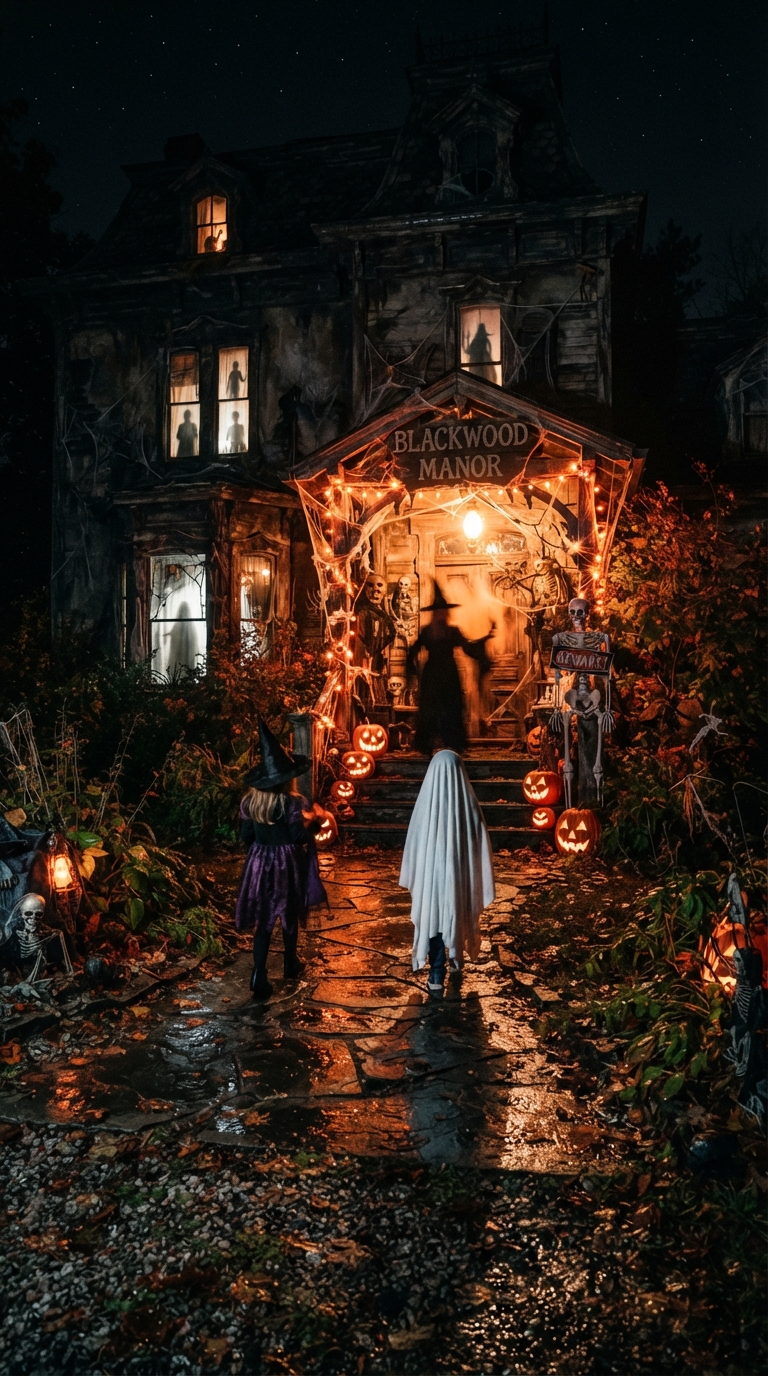 Flickering light effect creating a haunted house feel on a Halloween driveway