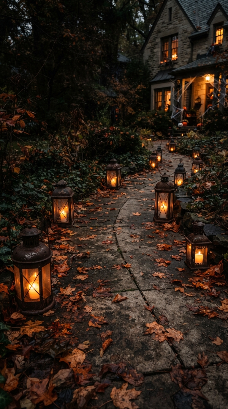 Flickering amber lanterns creating a candlelit glow on a Halloween driveway