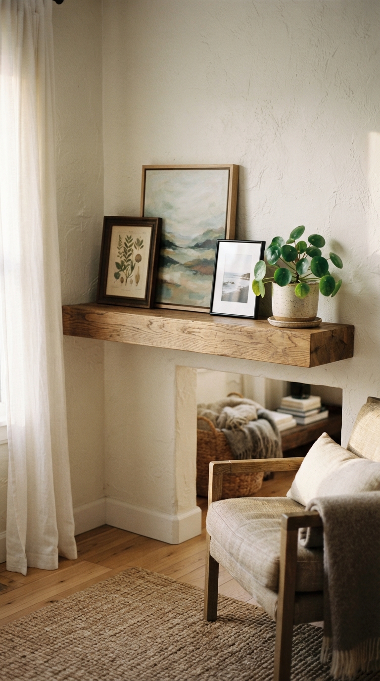 Corner gallery wall with a floating shelf and leaning frames