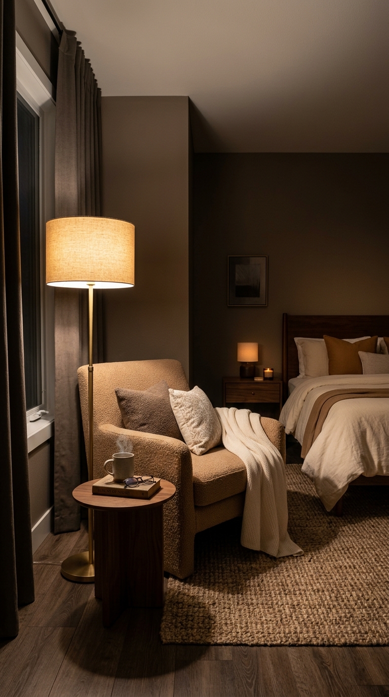 Floor lamp providing warm ambient light in a cozy bedroom corner