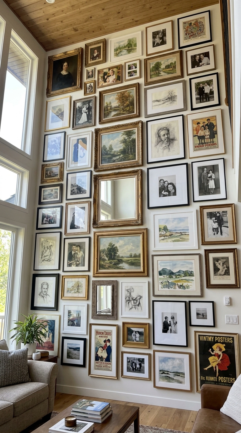 Floor-to-ceiling gallery wall filling a tall living room wall