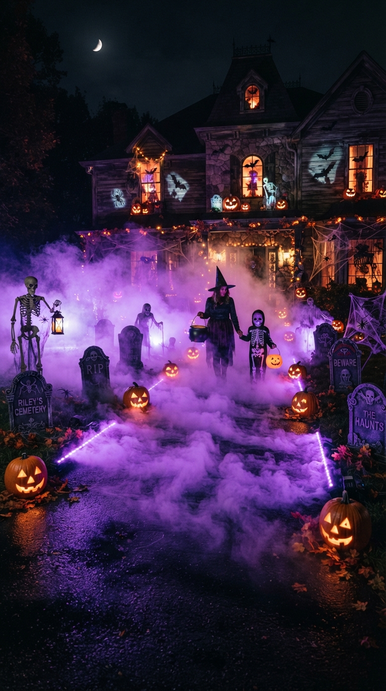 Fog machine combined with colored lighting on a Halloween driveway