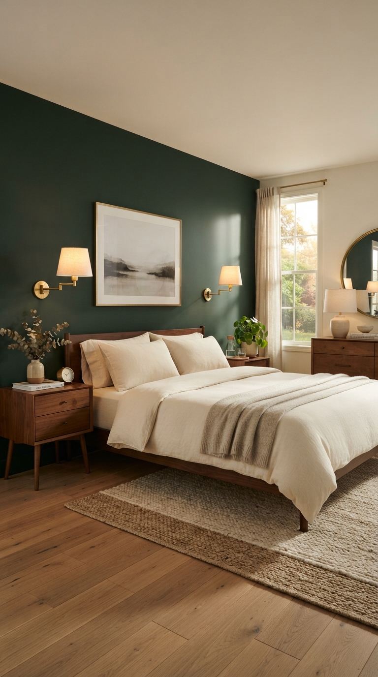 Moody fall bedroom with a deep forest green accent wall and warm brass lighting accents.