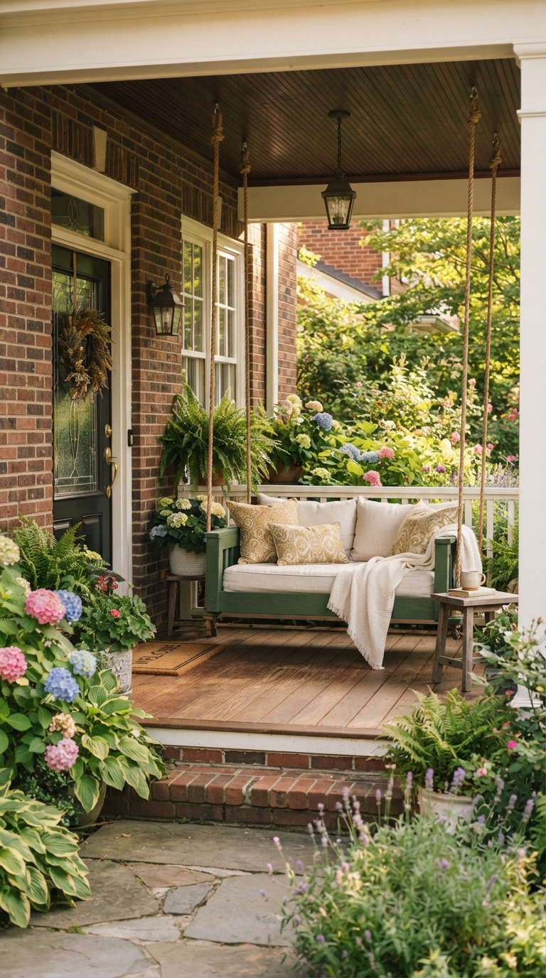 Forest green porch swing color idea for a brick home porch