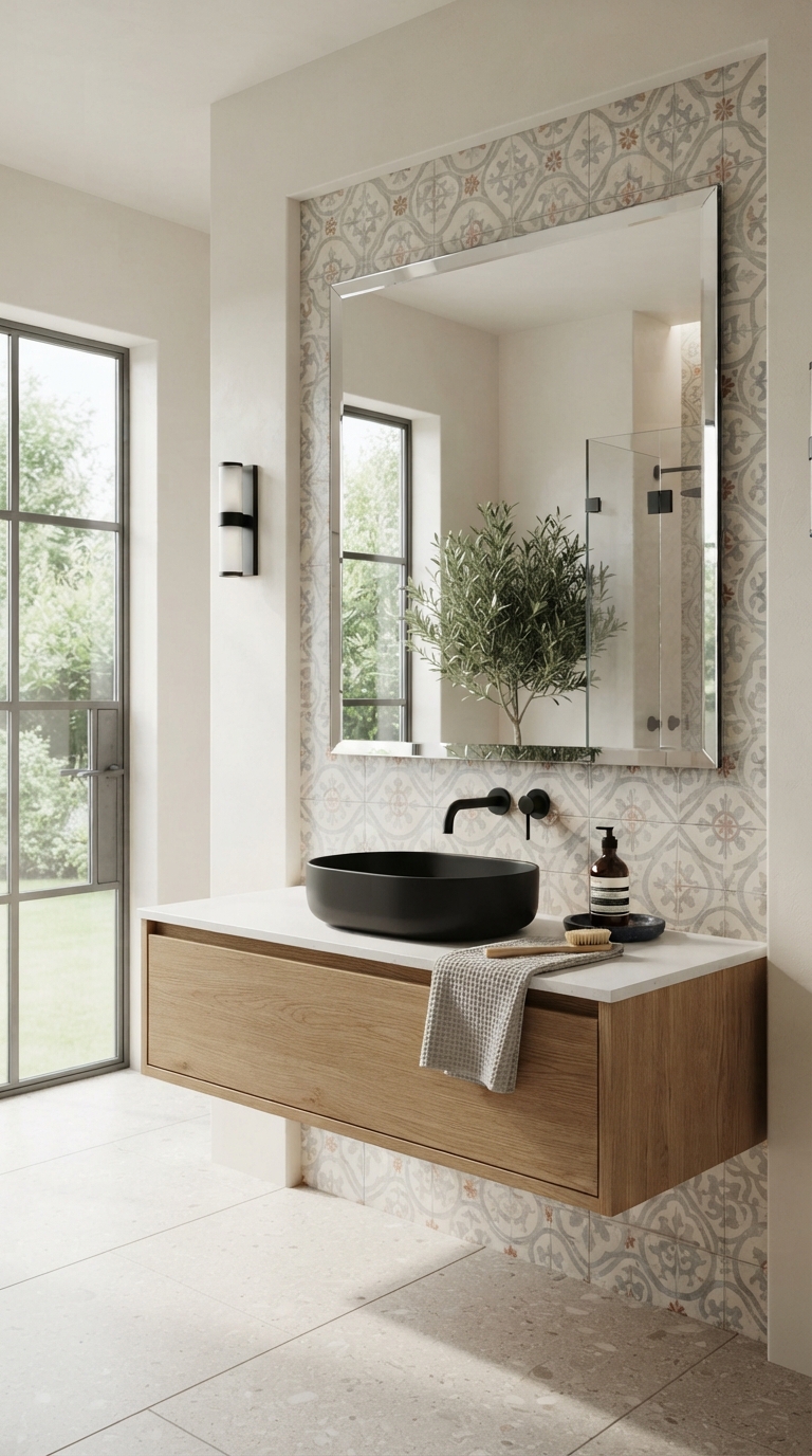 Frameless beveled bathroom mirror in a minimalist modern bathroom
