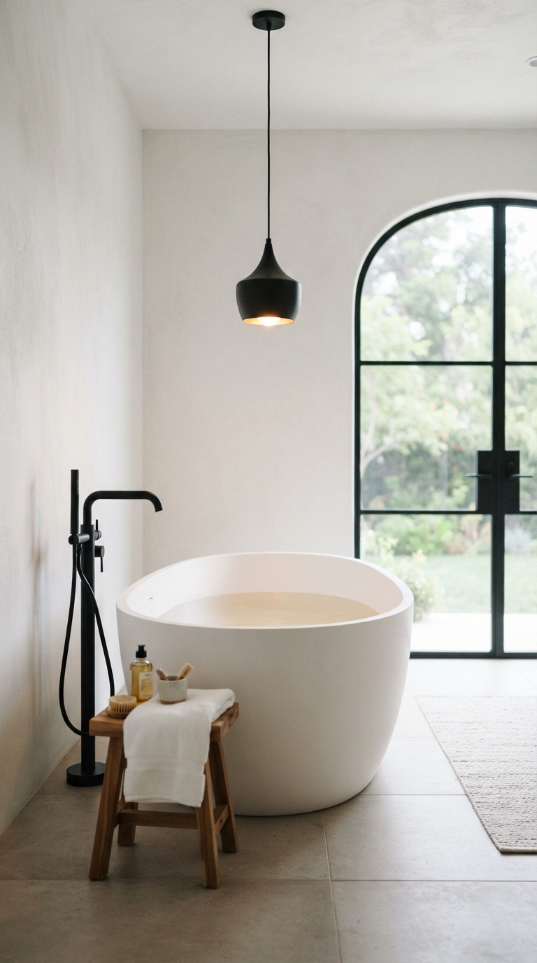 Freestanding bathtub statement decor with pendant light