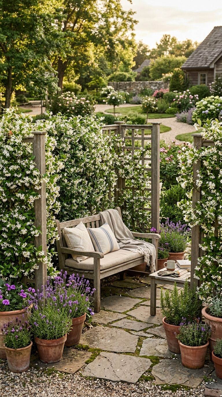 Freestanding trellis panels covered in star jasmine around a patio