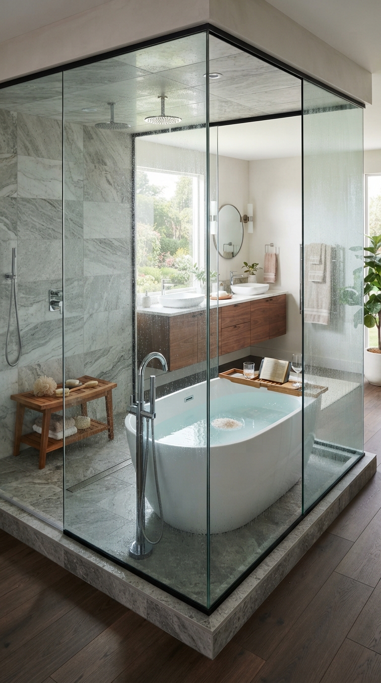 Freestanding soaking tub inside a glass shower enclosure