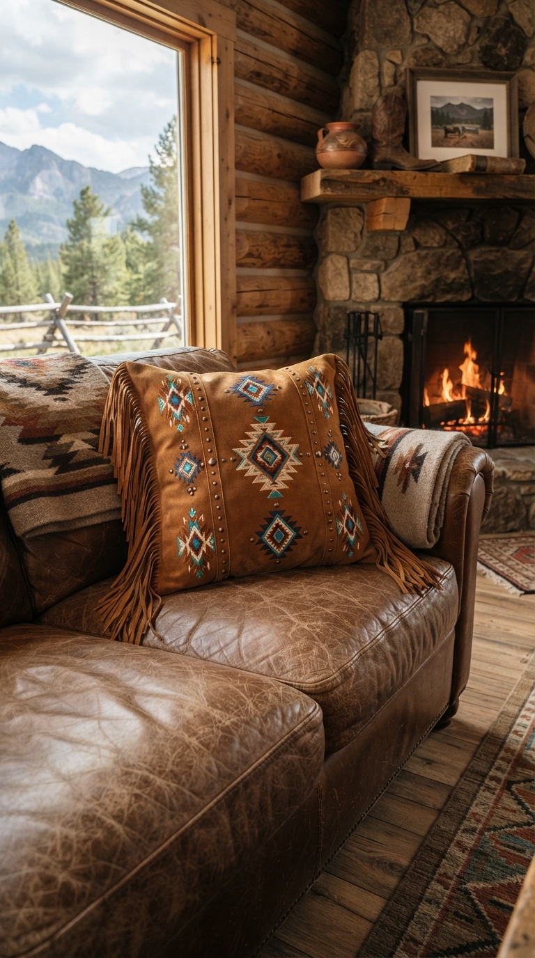 Fringe and suede textile accents in a Western-style living room