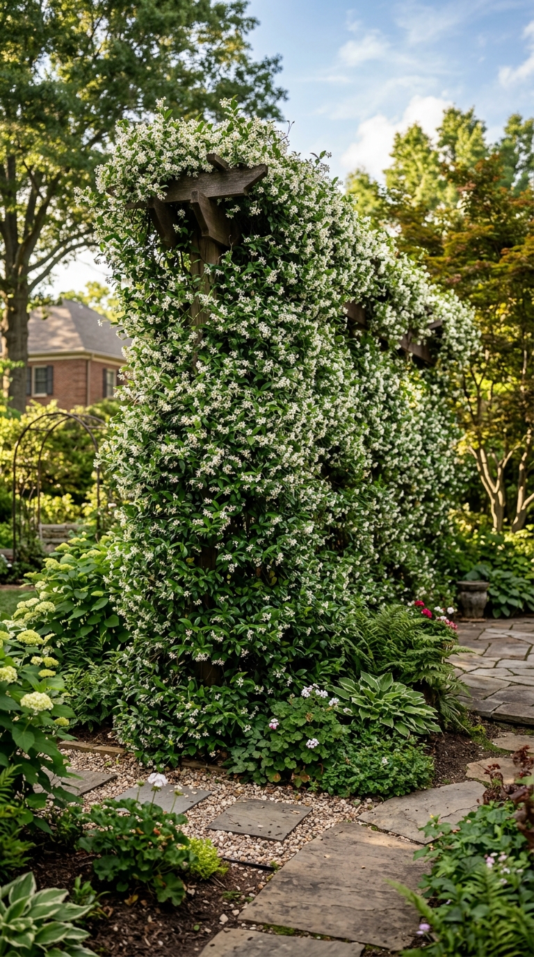 Full-coverage living wall of star jasmine on a wide trellis panel