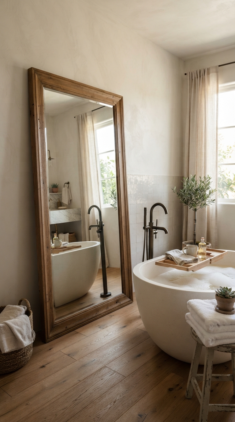 Full-length leaning floor mirror styled near a bathroom soaking tub