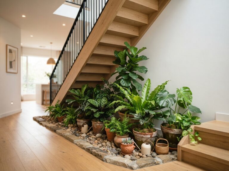 Small garden under stairs with lush green plants and decorative stones