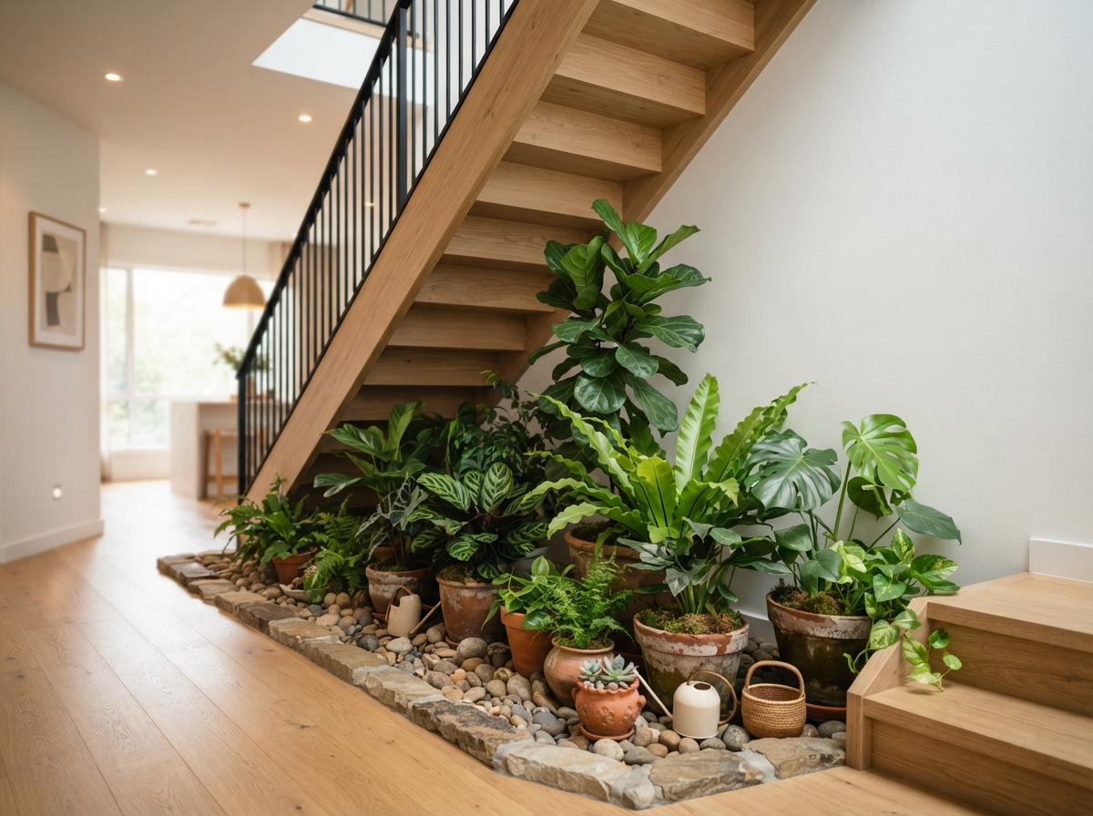 Small garden under stairs with lush green plants and decorative stones