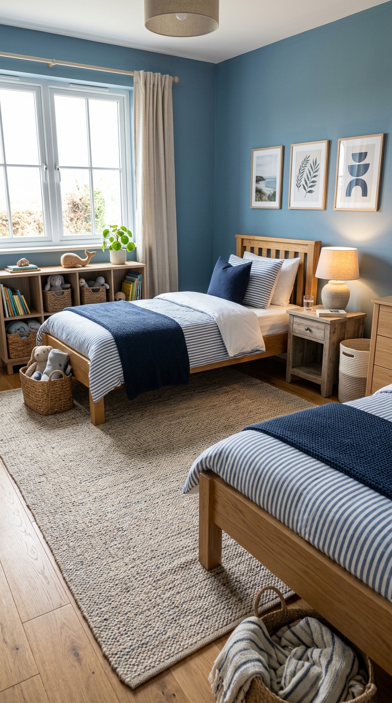 Gender-neutral coastal blue kids bedroom