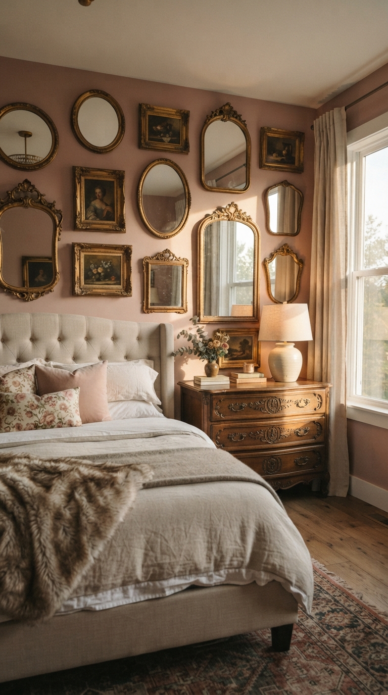 Gilded antique mirror gallery wall mixed with vintage prints on a dusty pink bedroom wall