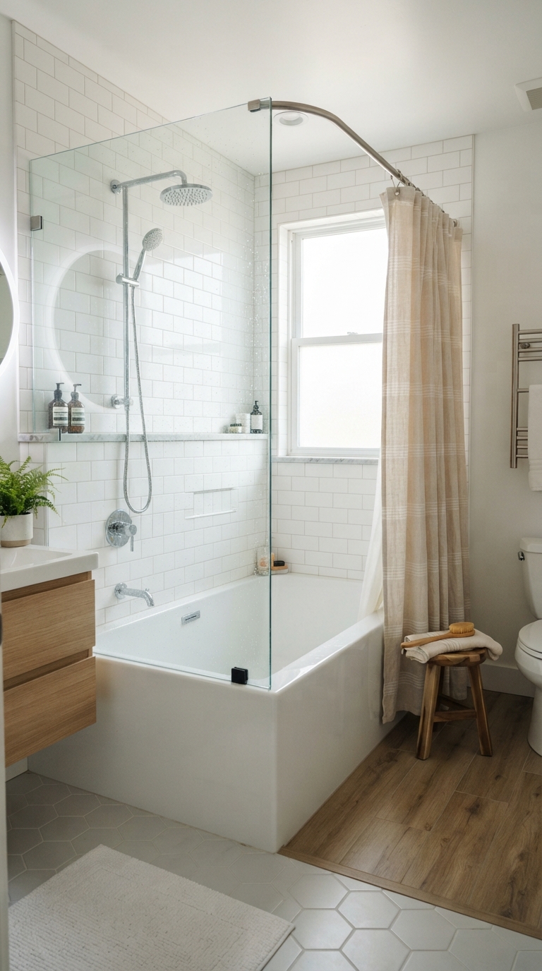Glass shower panel and curved curtain compared in a modern tub shower combo