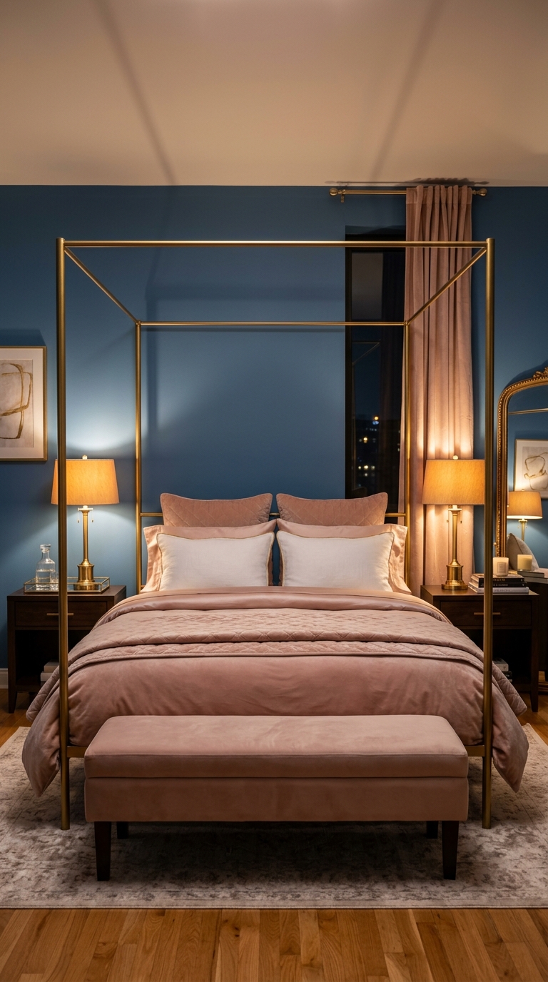 Slim gold canopy bed frame in an understated glam bedroom