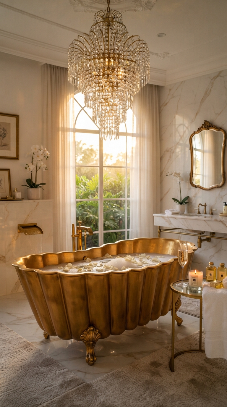Golden hour glam bathtub decor with statement chandelier