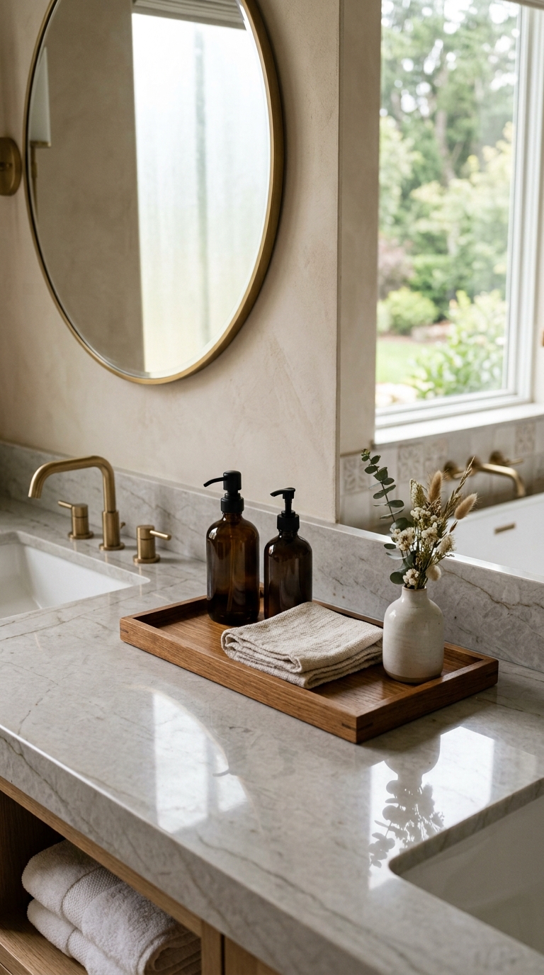 Bathroom counter with a stylish grouped tray