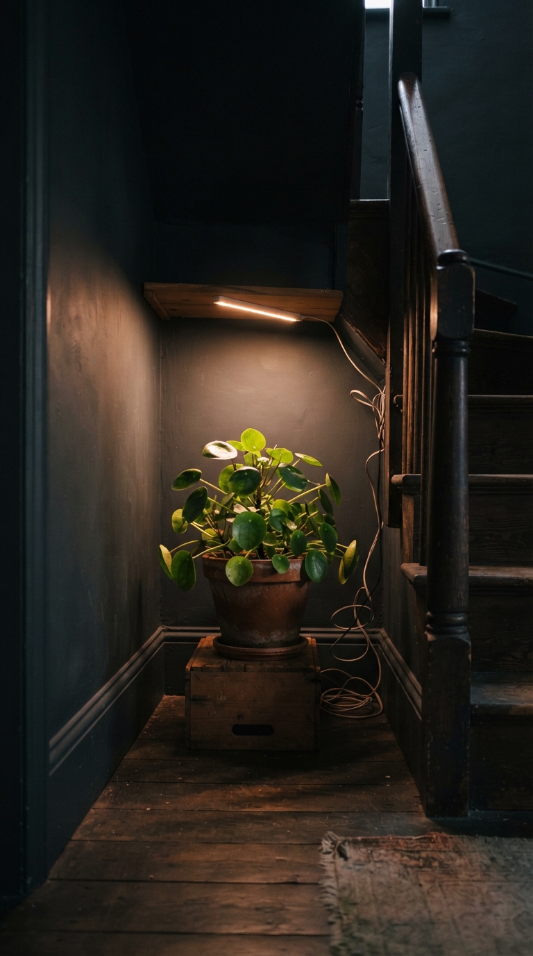 Grow light illuminating a plant garden in a low-light space under a staircase