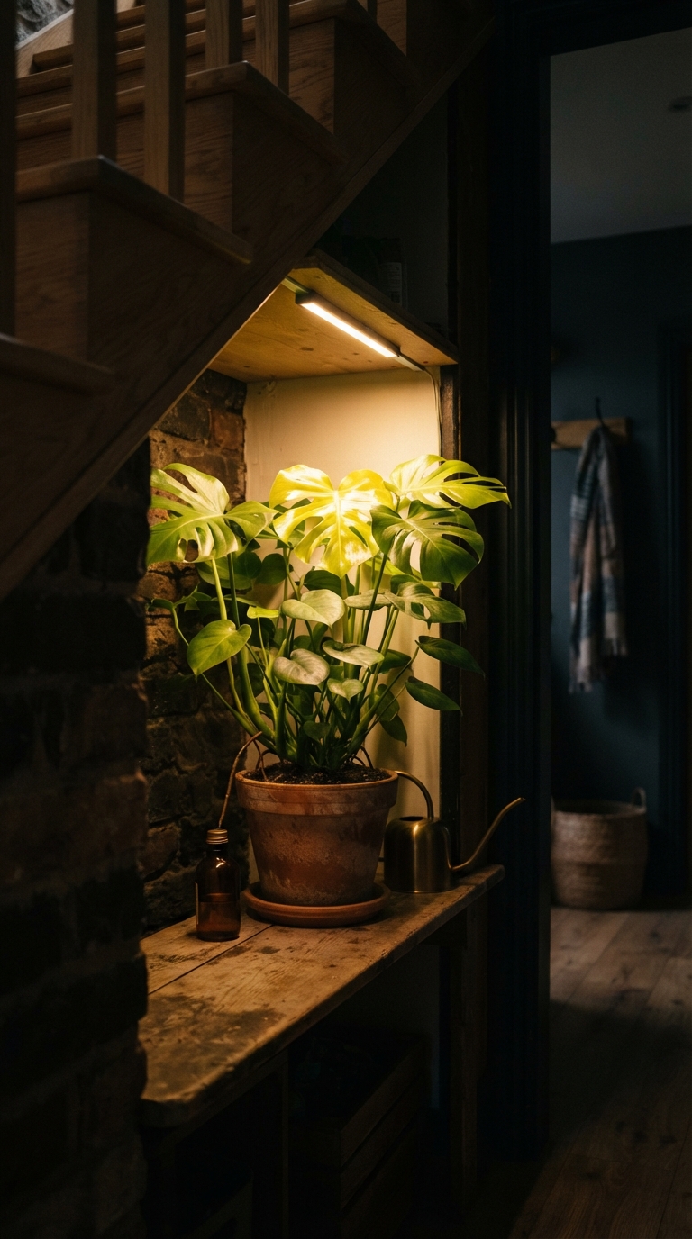 Grow light illuminating a plant in a low-light under-stairs nook.