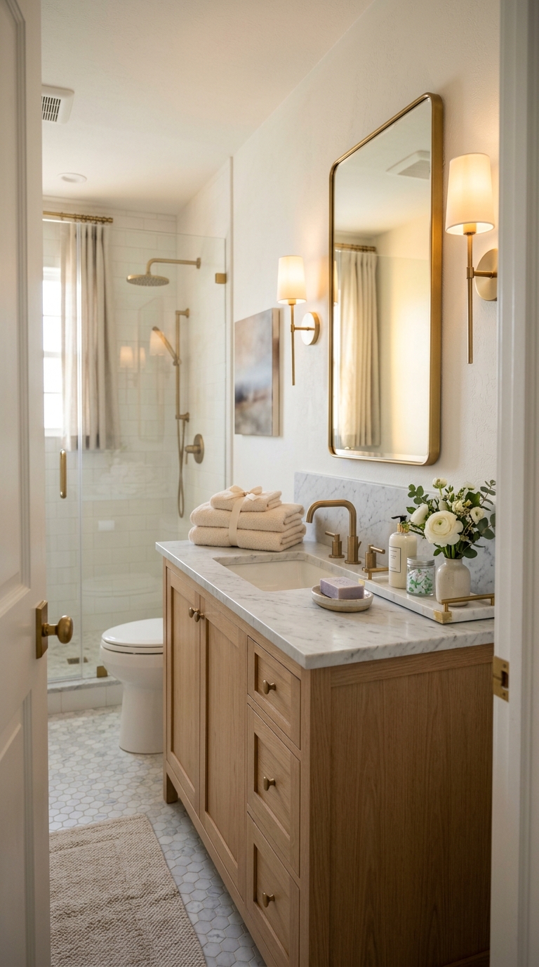 Guest bathroom counter with towels and decor