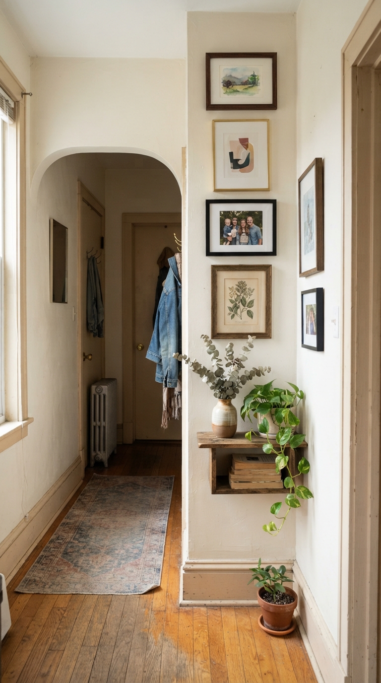 Narrow hallway corner gallery wall with a vertical frame layout