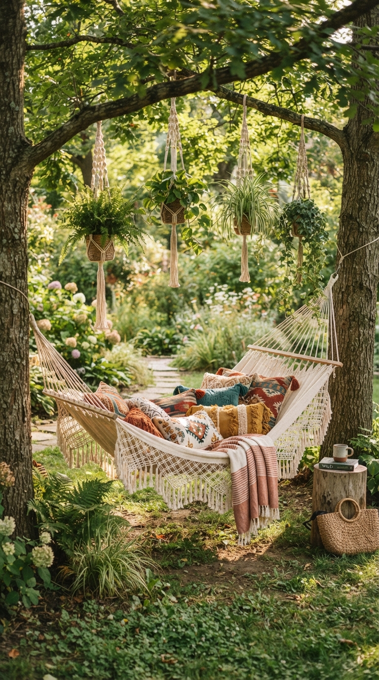 Boho hammock meditation nook with hanging plants in a whimsical backyard garden