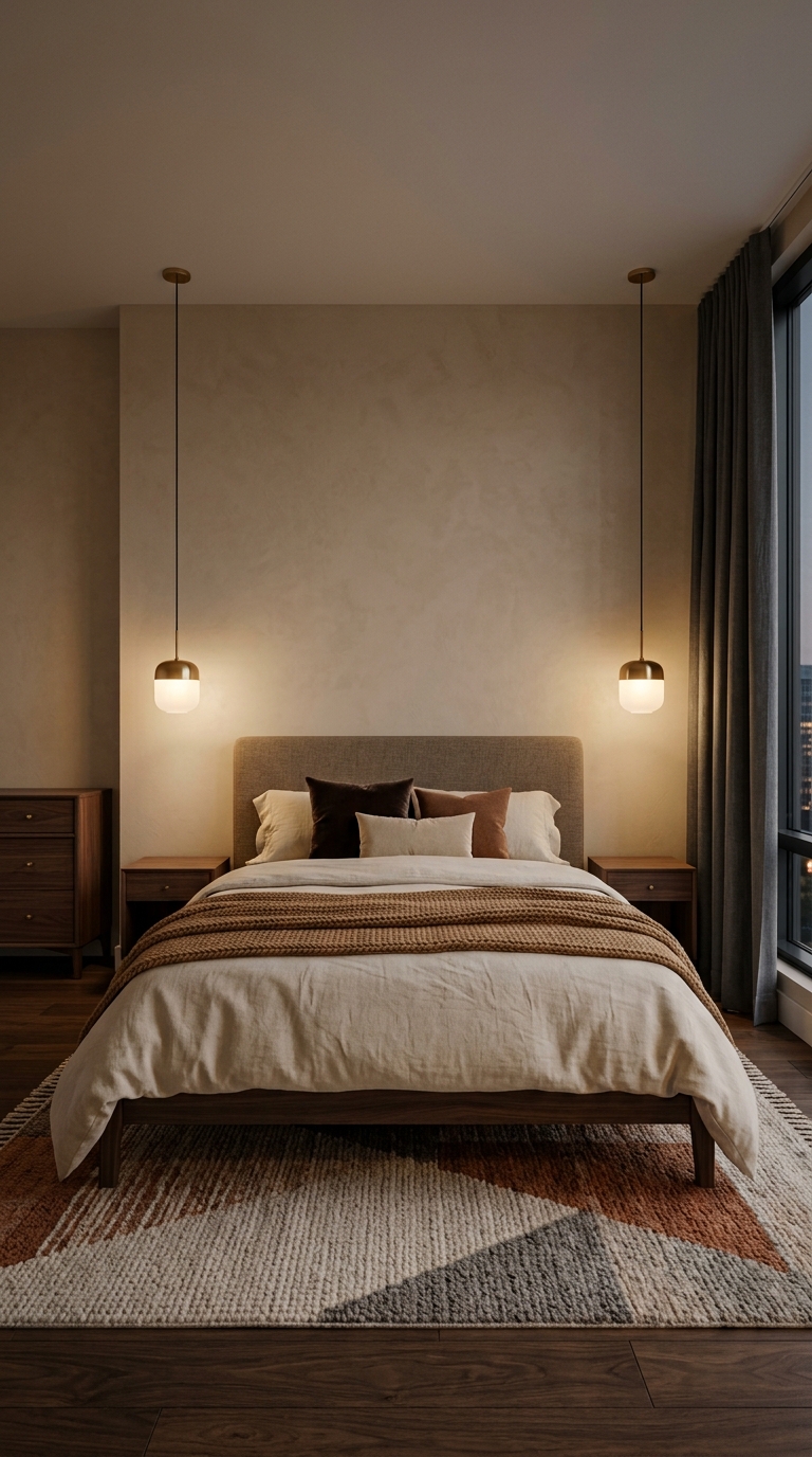 Warm hanging bedside pendants creating a clutter-free bedroom look