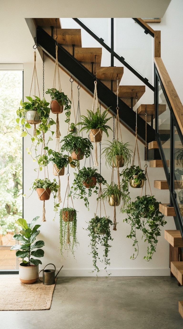 Cluster of hanging planters styled at varying heights under a staircase