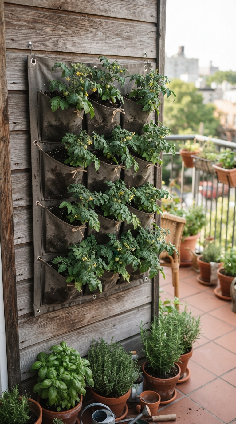 Hanging fabric sleeve planter with tomato plants growing on a balcony wall
