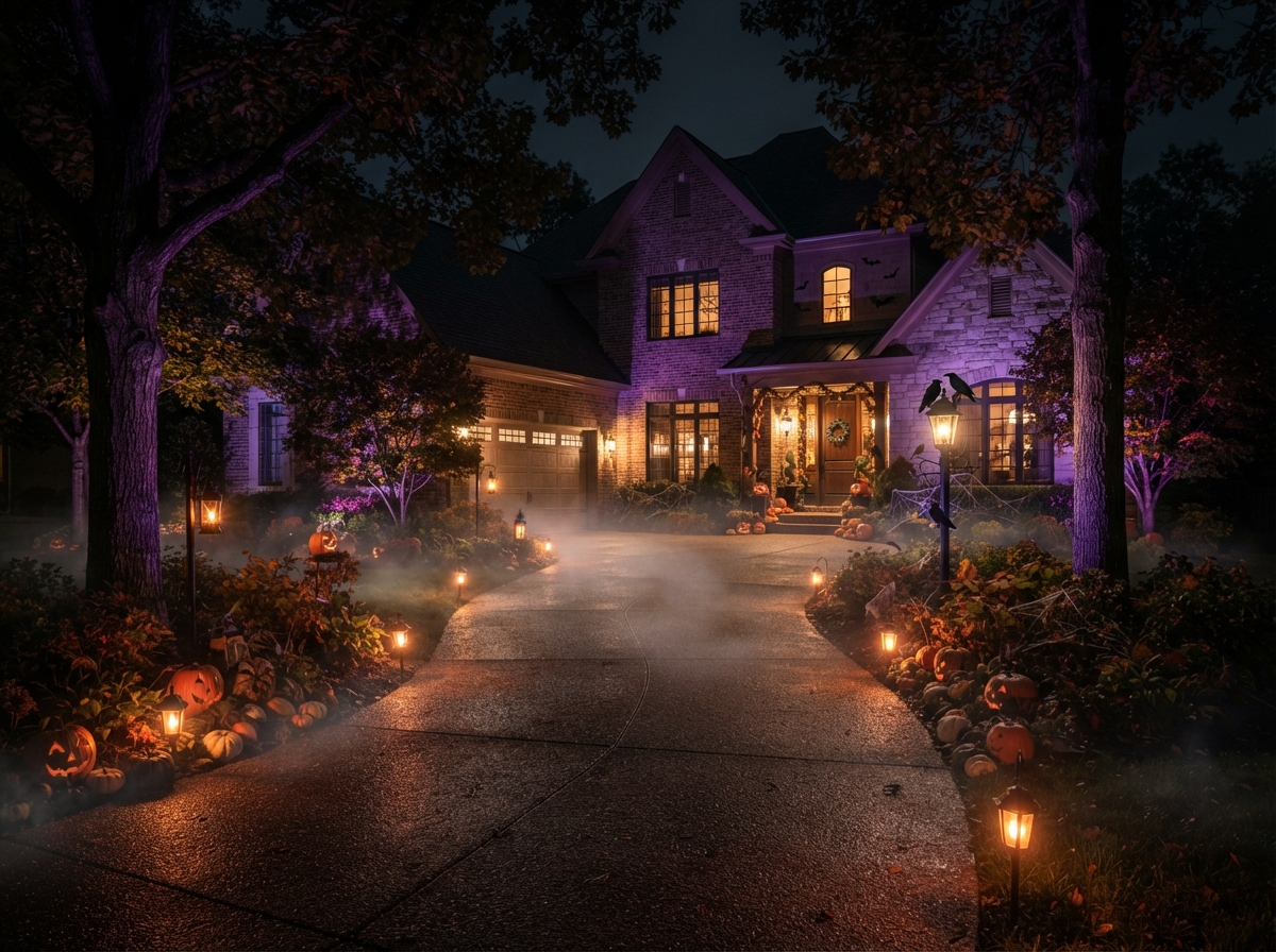 Haunted Halloween driveway with orange and purple lighting, pumpkins, fog, and spooky outdoor decor.