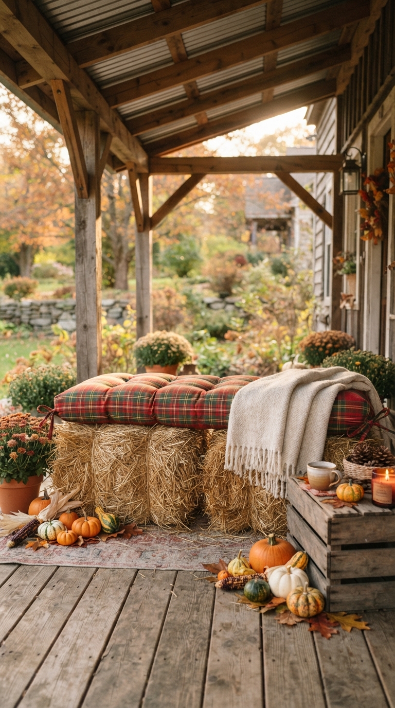 Hay bale seating nook with plaid cushions and pumpkins on a covered porch