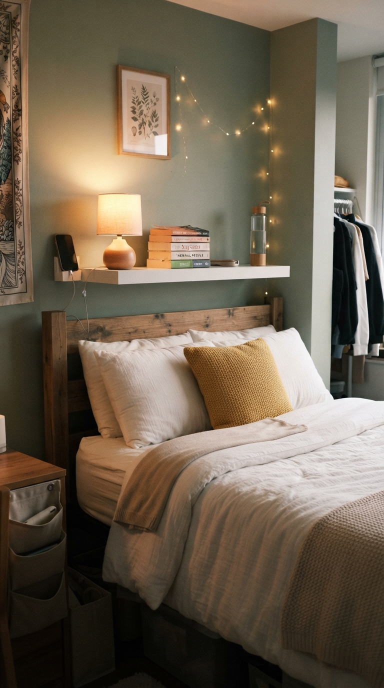 Floating shelf above a dorm bed headboard used instead of a nightstand