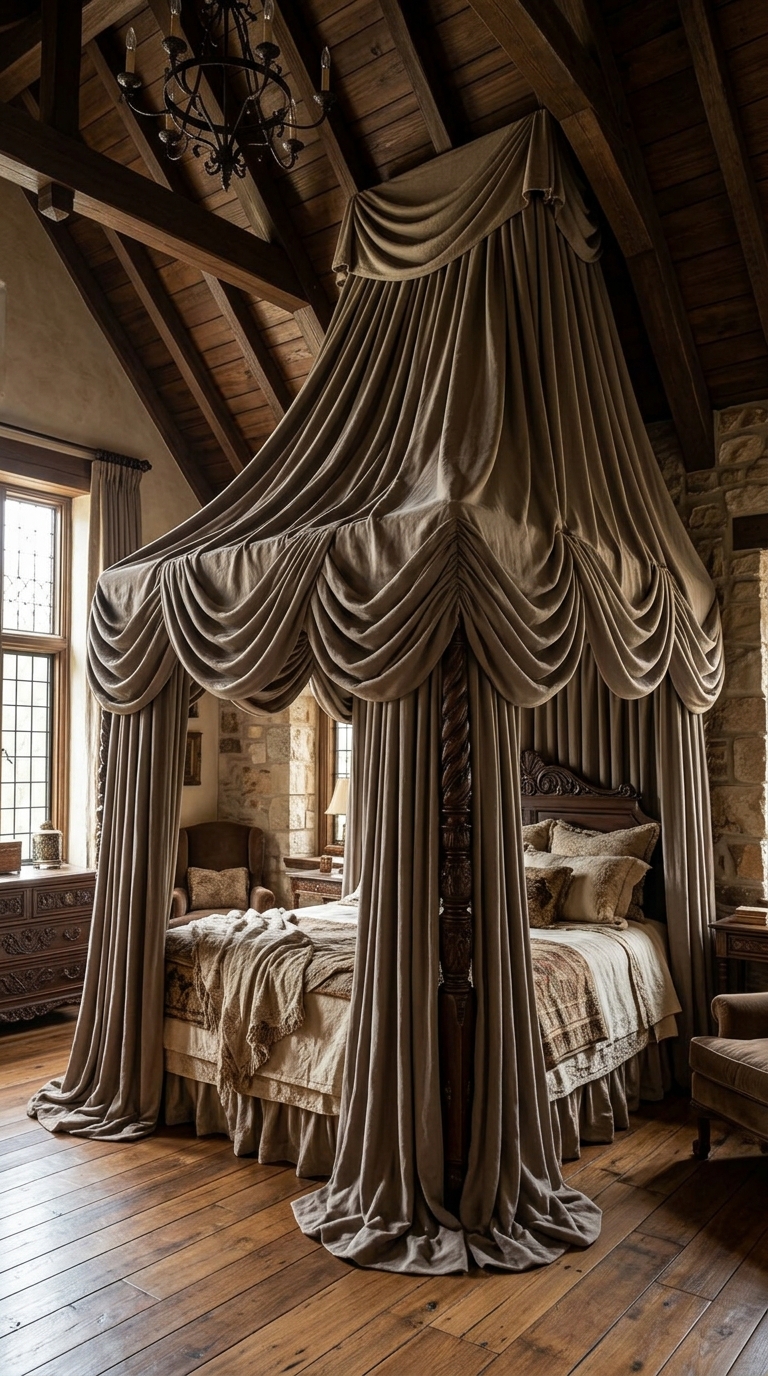 Heavy draped canopy fabric in an old-world style bedroom