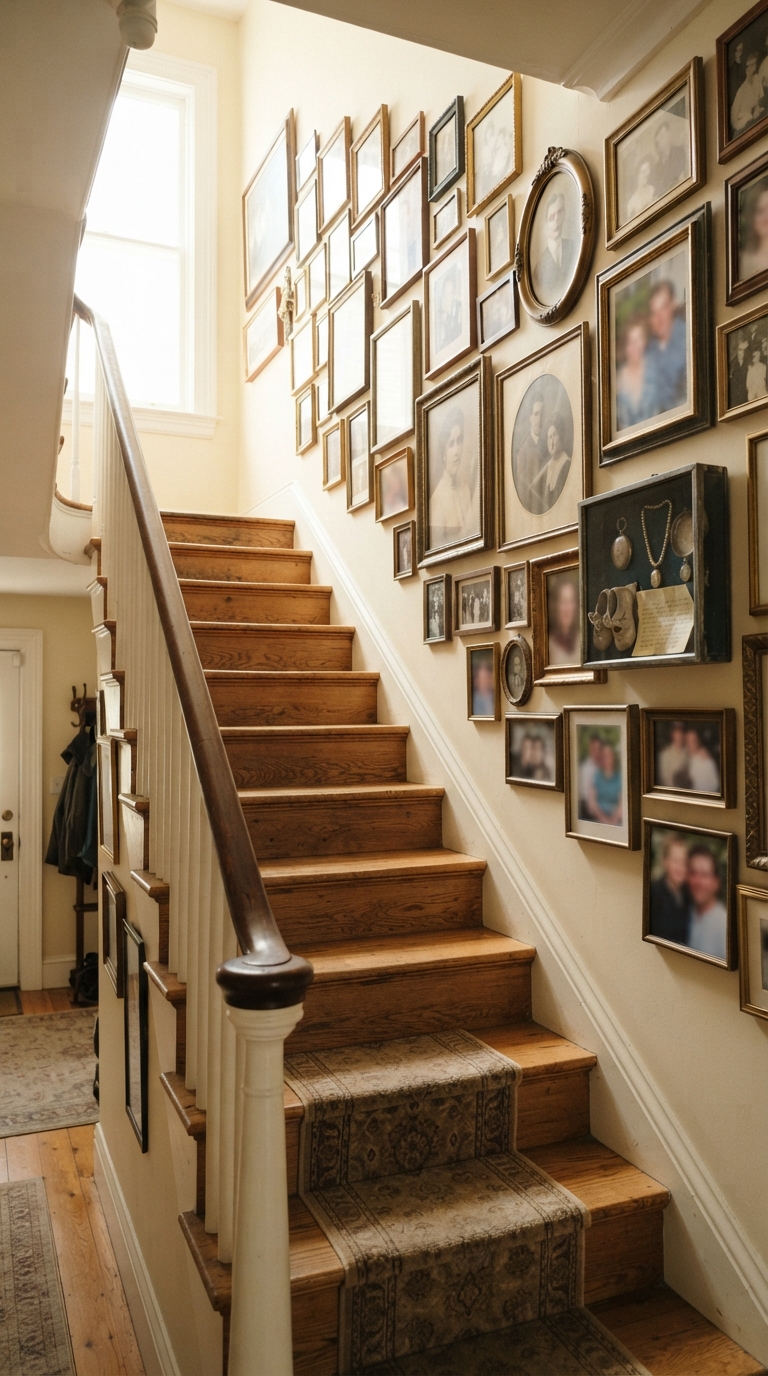 Heirloom keepsake memory gallery wall with family photos along a staircase wall