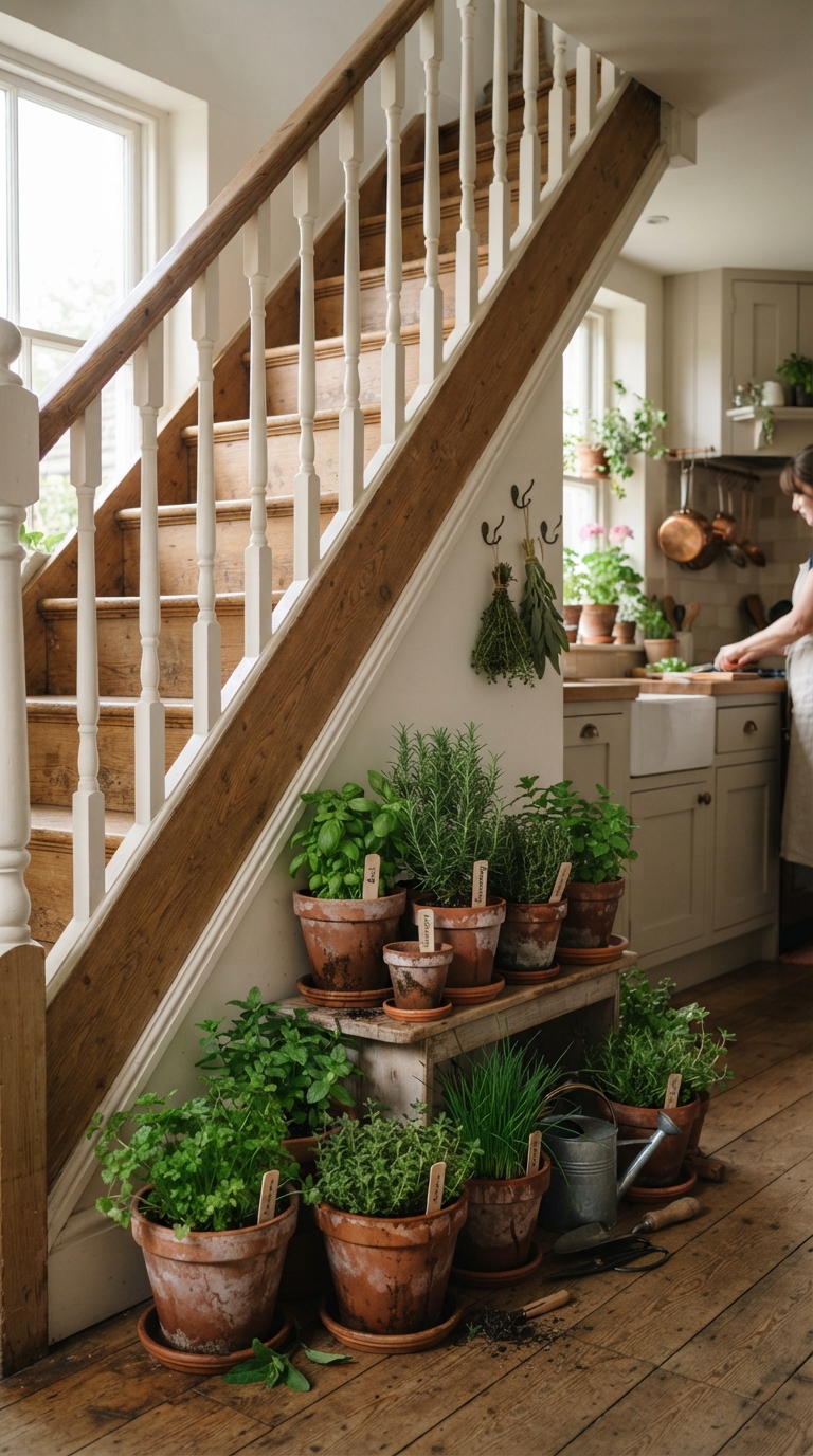 Herb garden styled in terracotta pots under a staircase