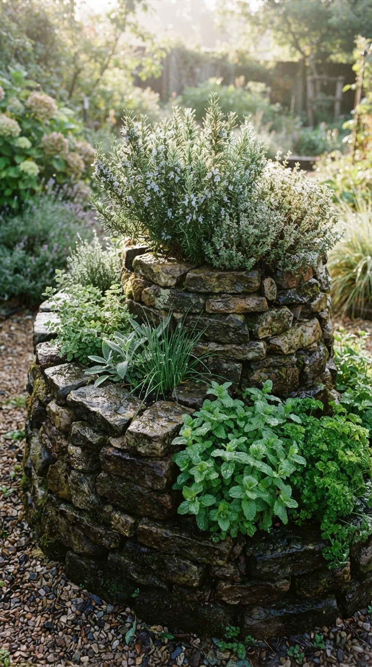 Stone herb spiral garden with layered herbs in a whimsical hippie backyard