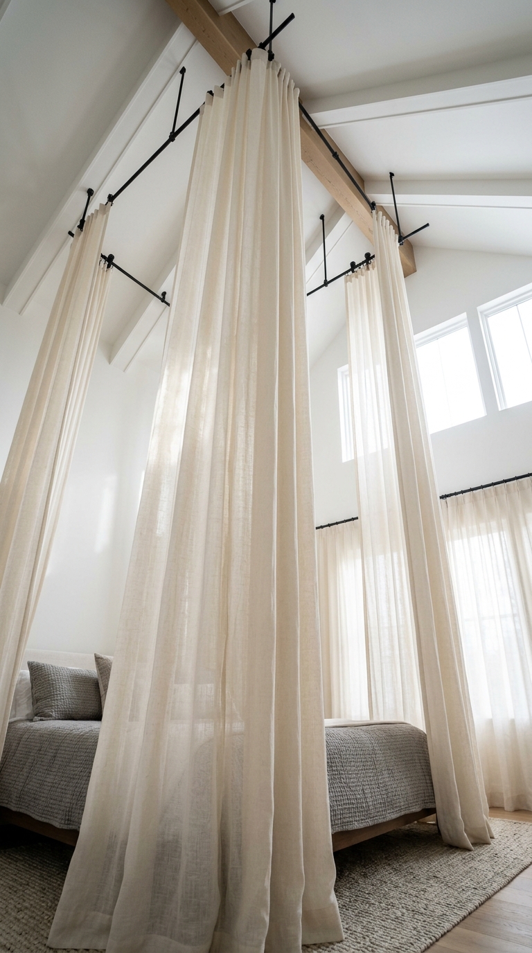 Bare canopy bed frame used as an architectural bedroom statement