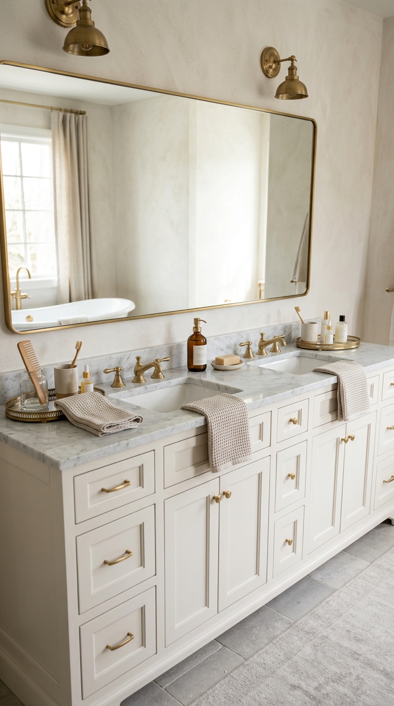 His-and-hers bathroom counter styling with trays