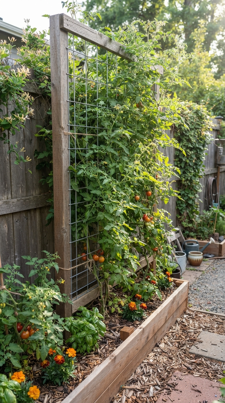 Hog wire wall-mounted trellis with tomato vines growing against a fence