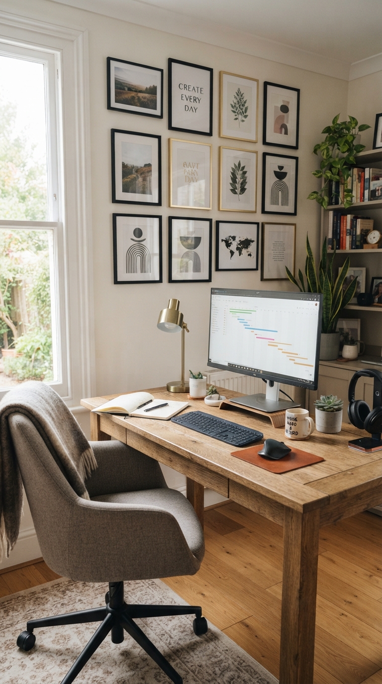 Home office corner gallery wall behind a desk